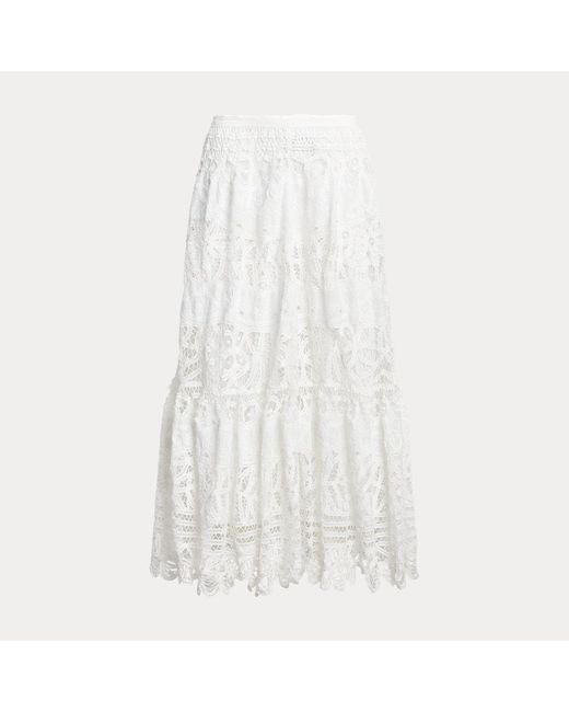 Falda midi de lino con encaje Ralph Lauren de color White