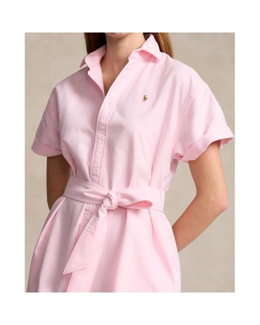 Ralph Lauren Pink Kurzärmliges Oxford-Hemdkleid mit Gürtel