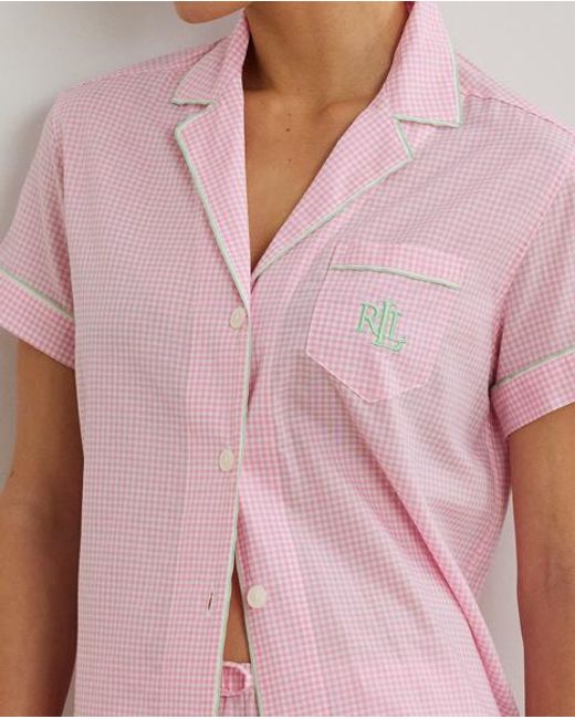 Ralph Lauren Pink Kurzer Batist-Pyjama Mit Ginganmuster