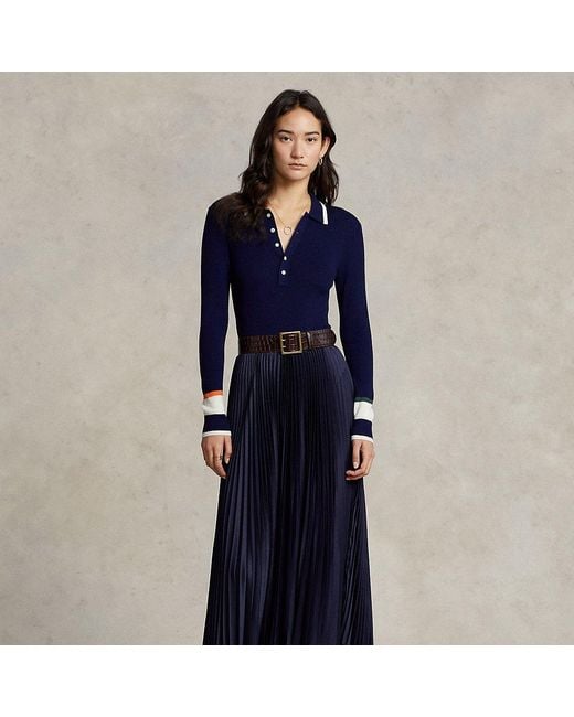Polo Ralph Lauren Wool Hybrid Jumperpleated Midi Polo Dress in Blue Lyst