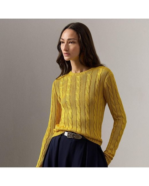 Ralph Lauren Yellow Cable-Knit Silk Crewneck Sweater