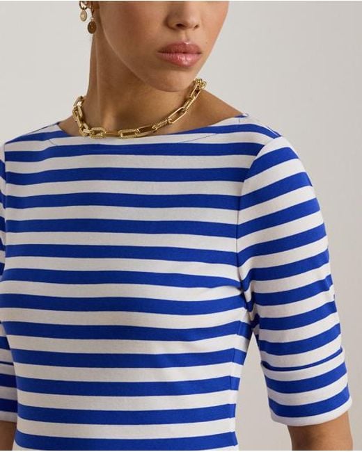 Ralph Lauren Blue Striped Stretch Cotton Boatneck T-Shirt