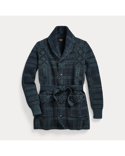 RRL Blue Belted Cotton Jacquard Cardigan
