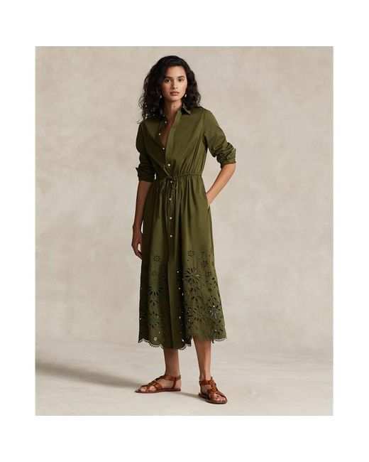 Polo Ralph Lauren Green Baumwollhemdkleid mit Lochstickerei