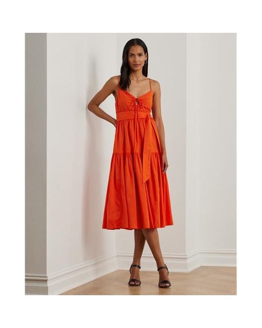 Ralph Lauren Red Belted Cotton Voile Sleeveless Dress