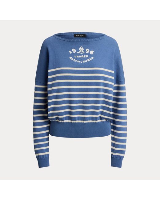 Ralph Lauren Blue Logo Striped Cotton Boatneck Jumper