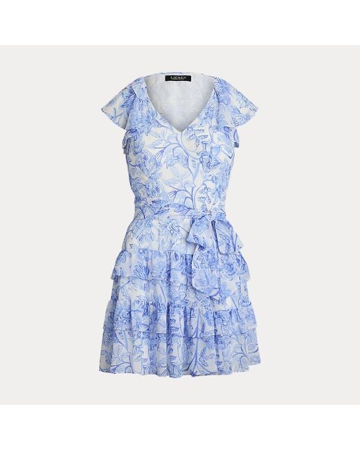 Ralph Lauren Blue Floral Crinkle Georgette Tiered Dress