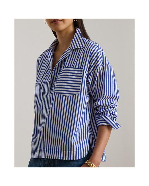 Ralph Lauren Blue Striped Cotton Broadcloth Cropped Shirt