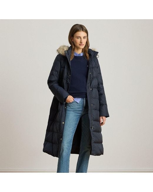 Ralph Lauren Blue Faux Fur-Trim Hooded Down Coat