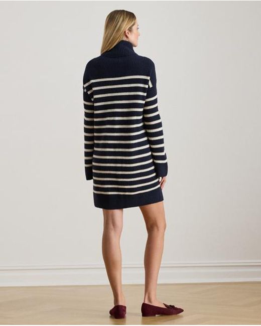 Ralph Lauren Black Striped Wool-Cashmere Turtleneck Dress
