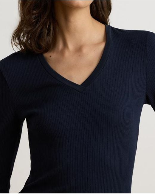 Ralph Lauren Blue Rib-Knit Long-Sleeve V-Neck Top
