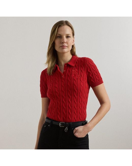 Ralph Lauren Red Cable-Knit Cotton Polo Jumper