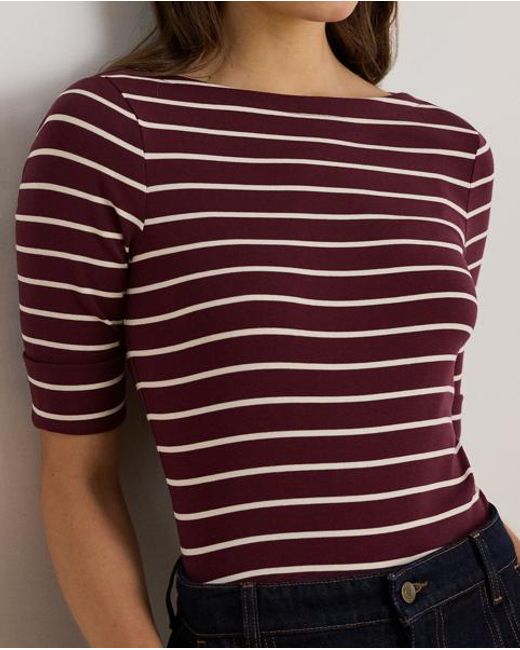 Ralph Lauren Red Striped Stretch Cotton Boatneck T-Shirt