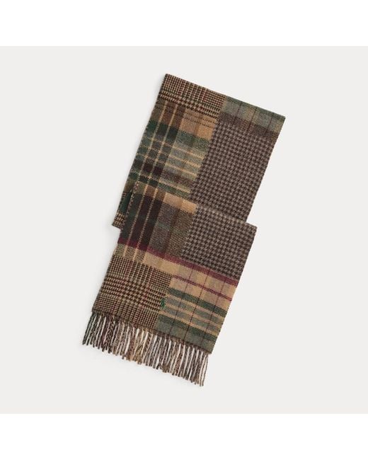 Ralph Lauren Brown Patchwork Plaid Wool-Blend Scarf for men