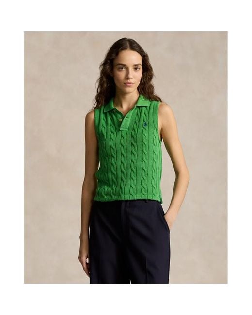 Polo Ralph Lauren Green Cable-knit Cropped Polo Shirt