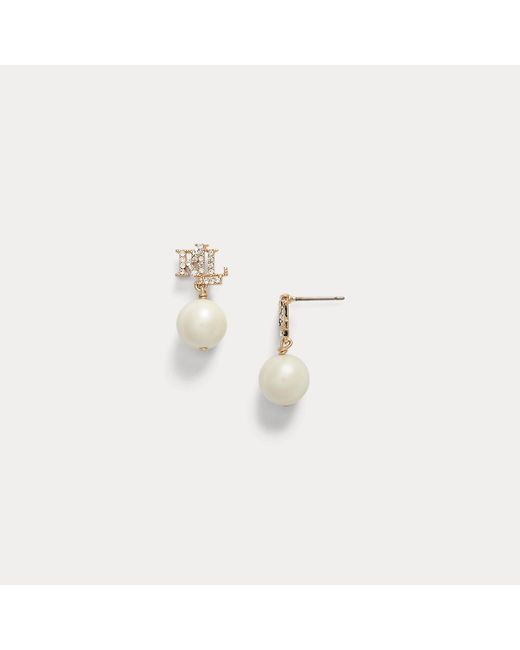 Ralph Lauren Metallic Pave Logo Faux-Pearl Drop Earrings