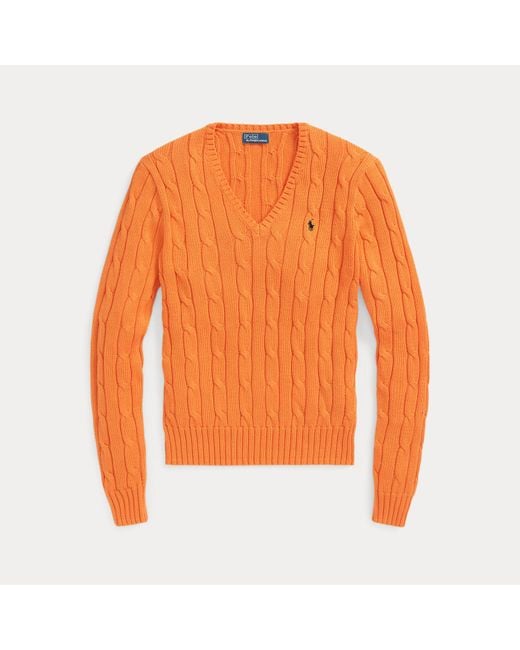 Maglia in cotone a trecce con scollo a V di Polo Ralph Lauren in Orange