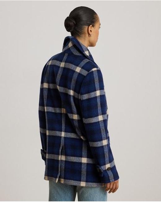Ralph Lauren Blue Double-Breasted Plaid Tweed Coat