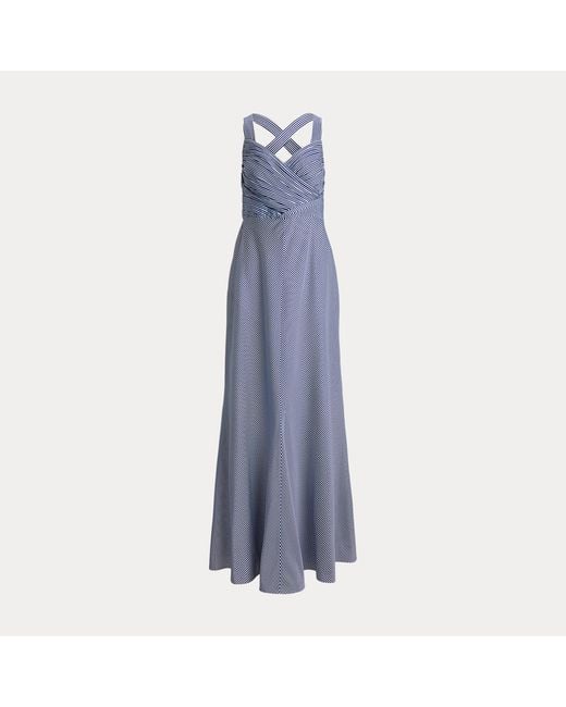 Ralph Lauren Blue Striped Pleated Taffeta Sleeveless Gown