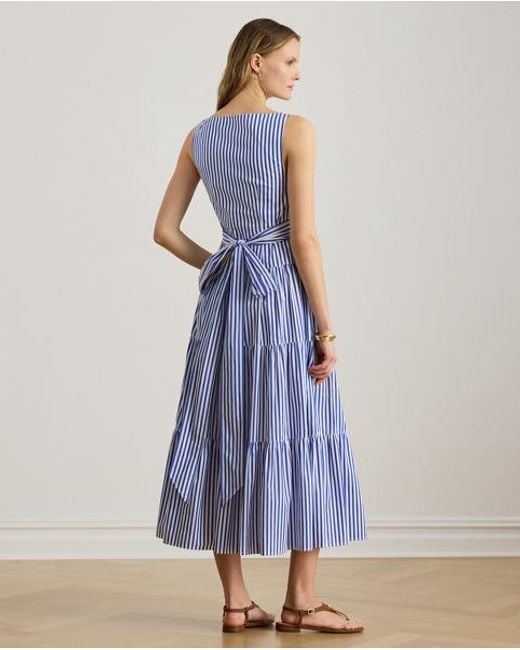 Ralph Lauren Blue Striped Cotton Broadcloth Tiered Dress