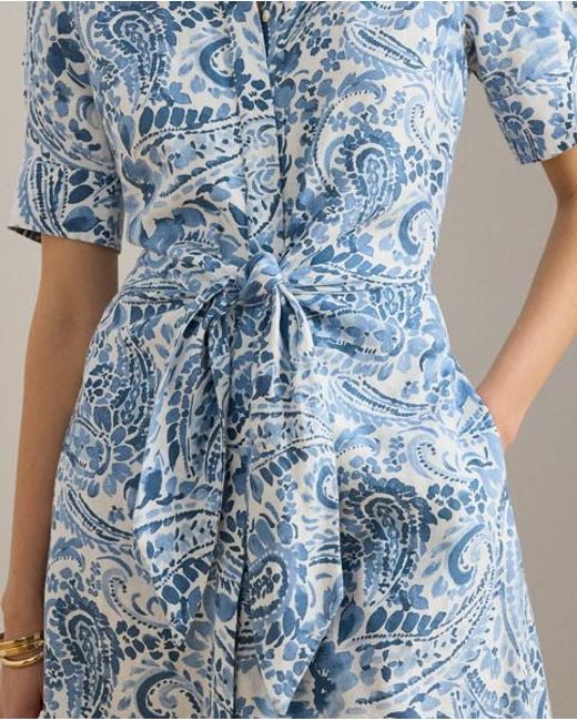 Ralph Lauren Blue Paisley Tie-Front Linen Shirt Dress