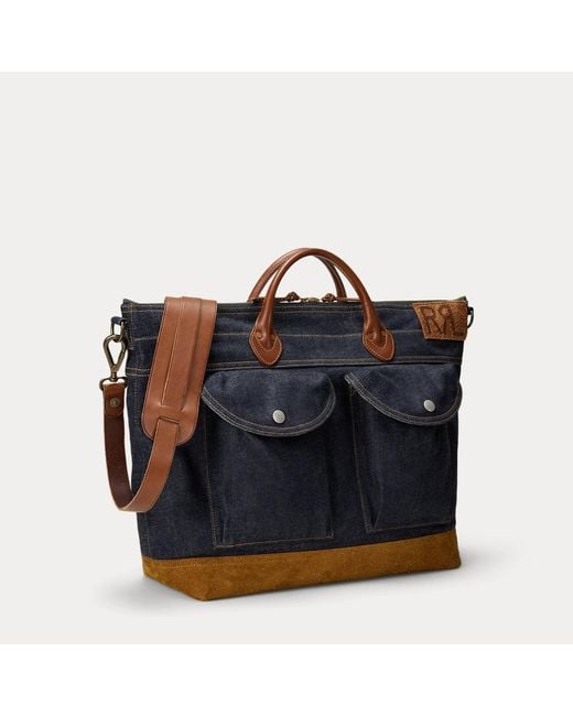 RRL Blue Leather-Trim Denim Tote for men