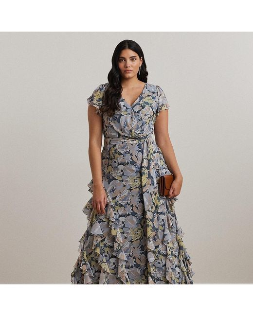 Ralph Lauren Gray Ralph Lauren Floral Ruffle-Trim Georgette Gown