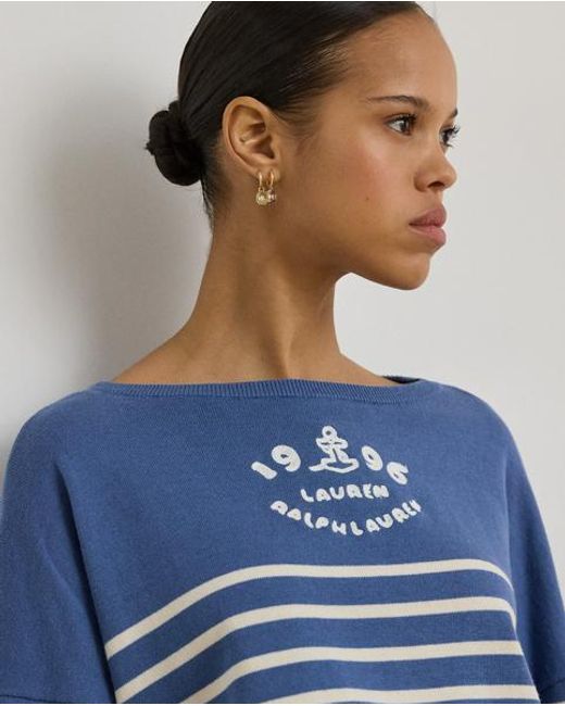 Ralph Lauren Blue Logo Striped Cotton Boatneck Jumper