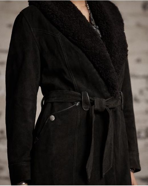 RRL Black Shearling-Collar Suede Wrap Coat