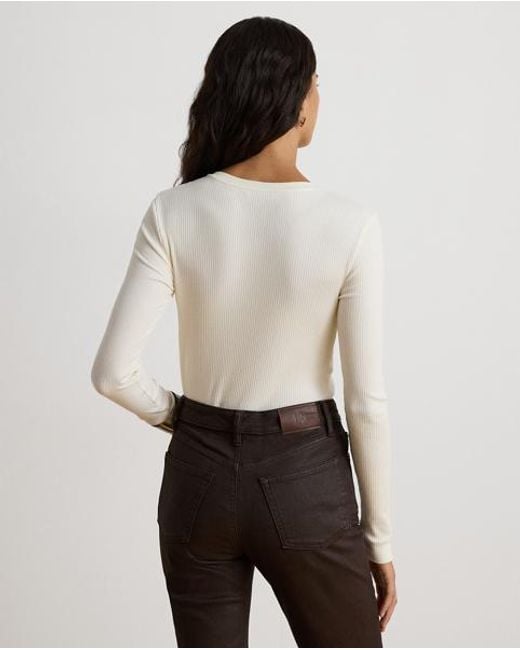 Ralph Lauren White Rib-Knit Long-Sleeve V-Neck Top