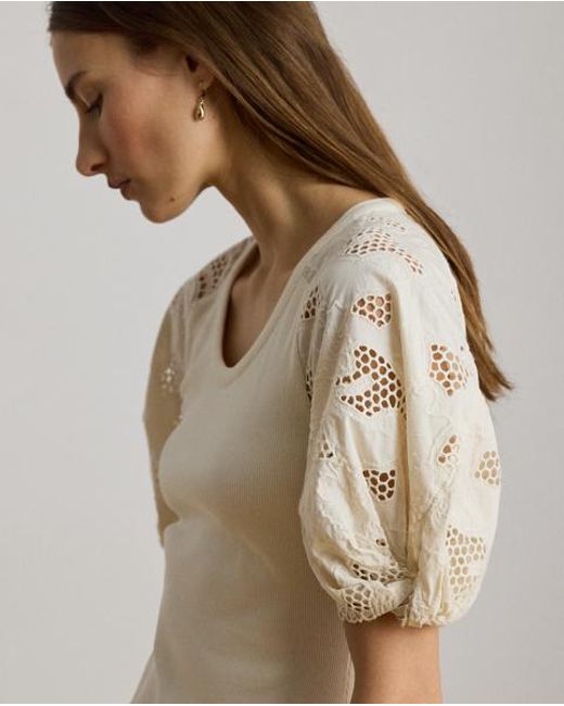 Ralph Lauren Natural Rib-Knit Cotton Eyelet-Puff-Sleeve Dress