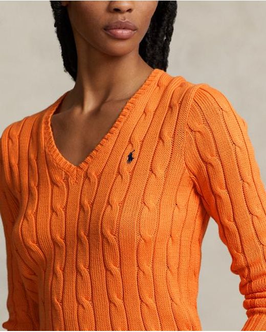Polo Ralph Lauren Orange Zopfmusterpullover Mit V-Ausschnitt