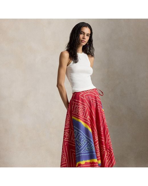 Polo Ralph Lauren Red Cotton Print Wrap Skirt
