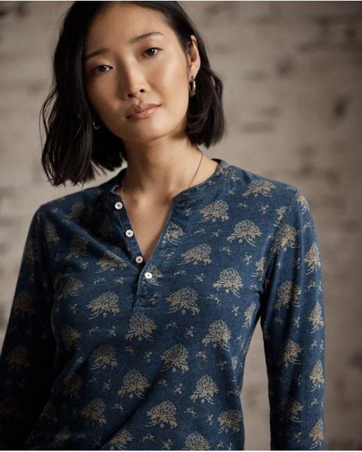 RRL Blue Floral Cotton-Linen Henley