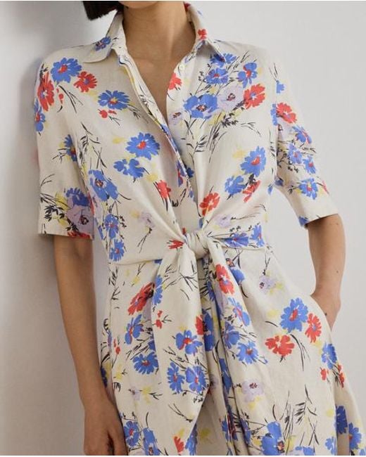 Ralph Lauren Natural Floral Tie-Front Linen Shirt Dress