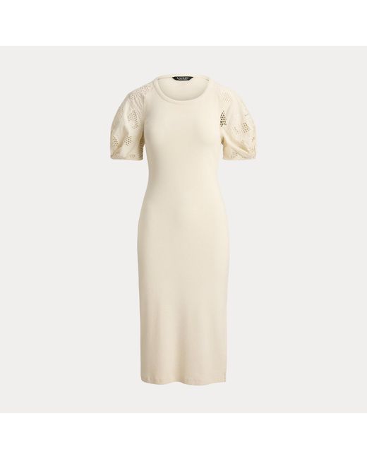 Ralph Lauren Natural Rib-Knit Cotton Eyelet-Puff-Sleeve Dress