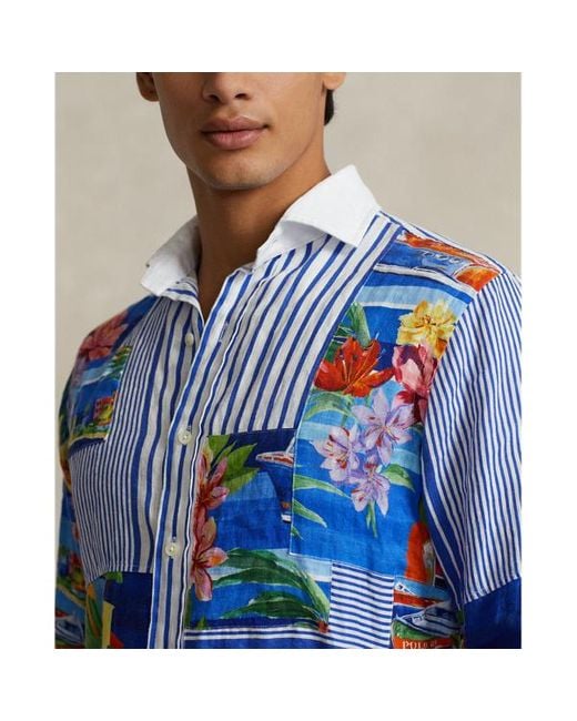 Polo Ralph Lauren Blue Classic Fit Patchwork Linen Shirt for men