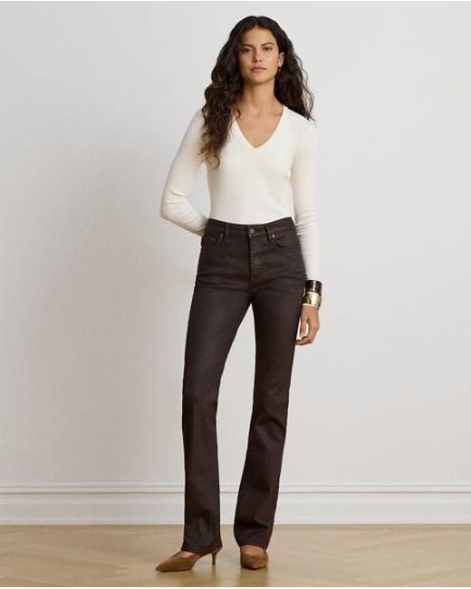 Ralph Lauren White Rib-Knit Long-Sleeve V-Neck Top