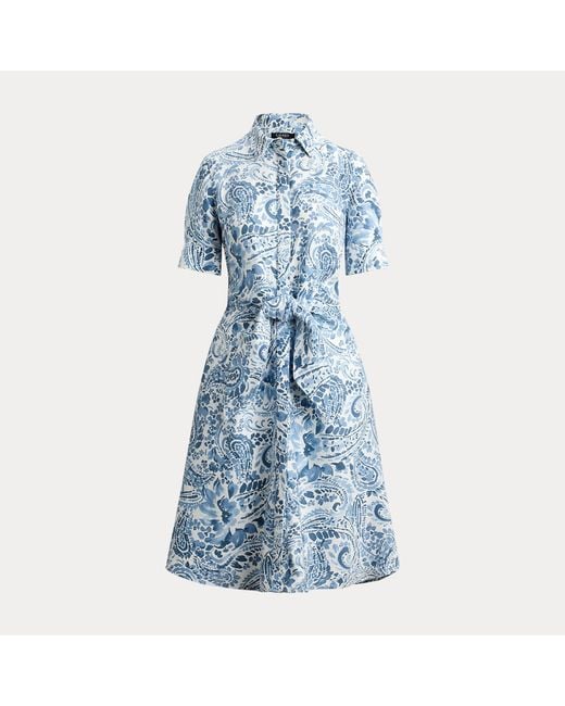 Ralph Lauren Blue Paisley Tie-Front Linen Shirt Dress