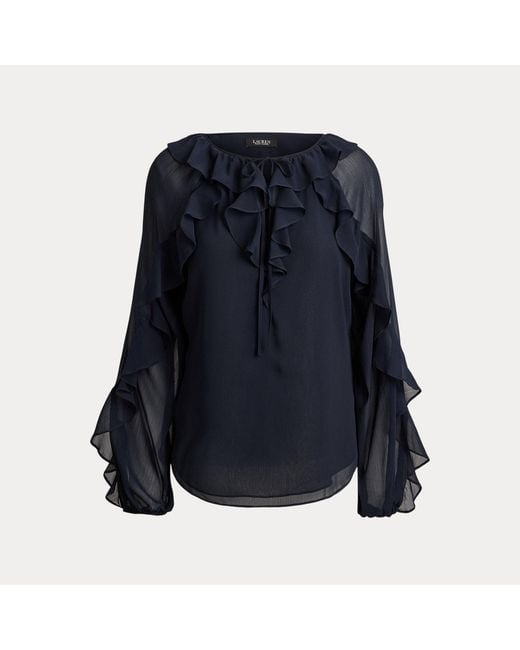 Ralph Lauren Blue Ruffle-Trim Crinkle Georgette Blouse