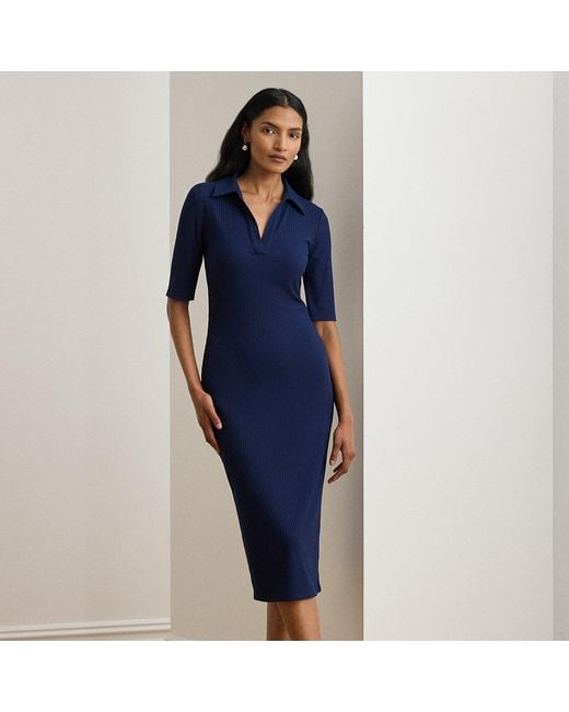 Ralph Lauren Blue Rib-Knit Elbow-Sleeve Polo Dress