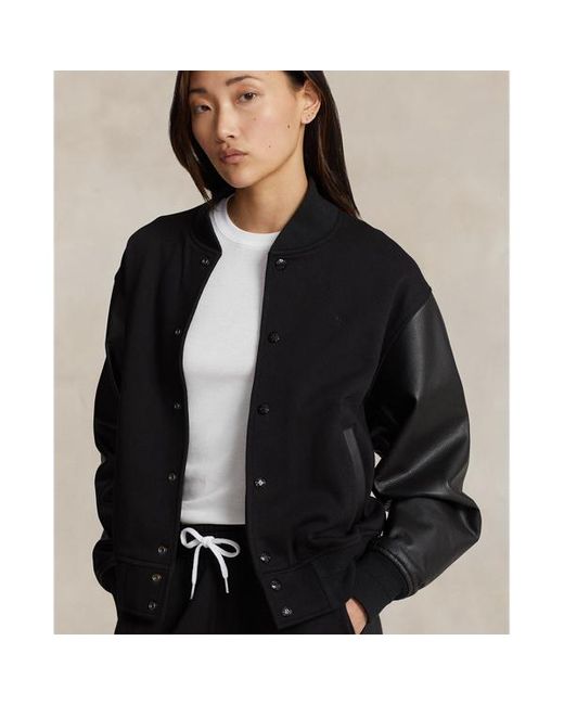 Polo Ralph Lauren Black Logo Leather-trim Fleece Bomber Jacket