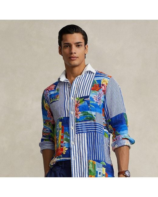 Polo Ralph Lauren Classic-Fit Leinenhemd mit Patchwork in Blue für Herren