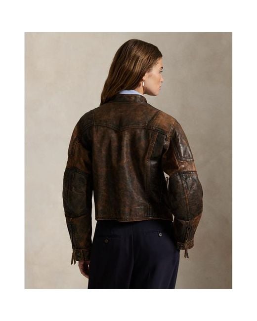 Giacca biker in pelle consumata di Polo Ralph Lauren in Brown