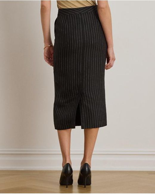 Ralph Lauren Black Chalk-Stripe Linen Pencil Midi Skirt