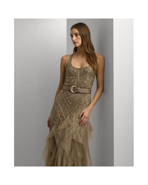 Lauren by Ralph Lauren Brown Ruffle-trim Beaded Mesh Gown