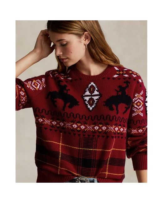 Polo Ralph Lauren Red Plaid Western-motif Crewneck Sweater