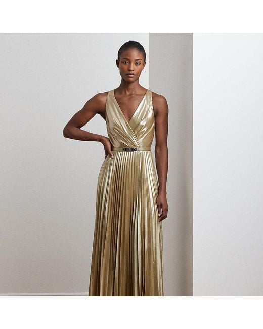 Ralph Lauren Brown Belted Metallic Chiffon Surplice Gown