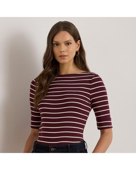 Ralph Lauren Red Striped Stretch Cotton Boatneck T-Shirt