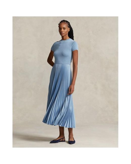 Polo Ralph Lauren Hybride Gebreide Midi-jurk Met Plooien in het Blue
